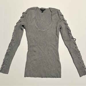 GUESS Gray Scoop Neck Lace Up Sleeve Sweater sz XS
